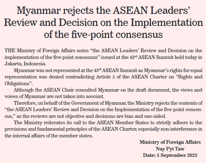 Freelancejou333's tweet photo. Myanmar rejects the ASEAN Leader's Review and Decision on the Implementation of the five-point consensus.
It is intervention of the sovereign of a country so Myanmar should not accept of this issue.
#WhatsHappeningInMyanmar
#Myanmar #fivepointconsensus #ASEAN https://t.co/LRRDW1X2oI