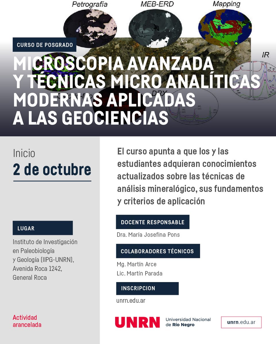 unrnvalle's tweet photo. #PosgradoUNRN | 🔜 Curso de Posgrado en la #UNRN: Microscopia avanzada y técnicas micro analíticas modernas aplicadas a las Geociencias

📅Inicia el 2 de octubre | 📍 Instituto de Investigación en Paleobiología y Geología #IIPG #UNRN, #Roca 

🔻Más info👉https://t.co/iOjnudV8fN https://t.co/IebDhWJD0n