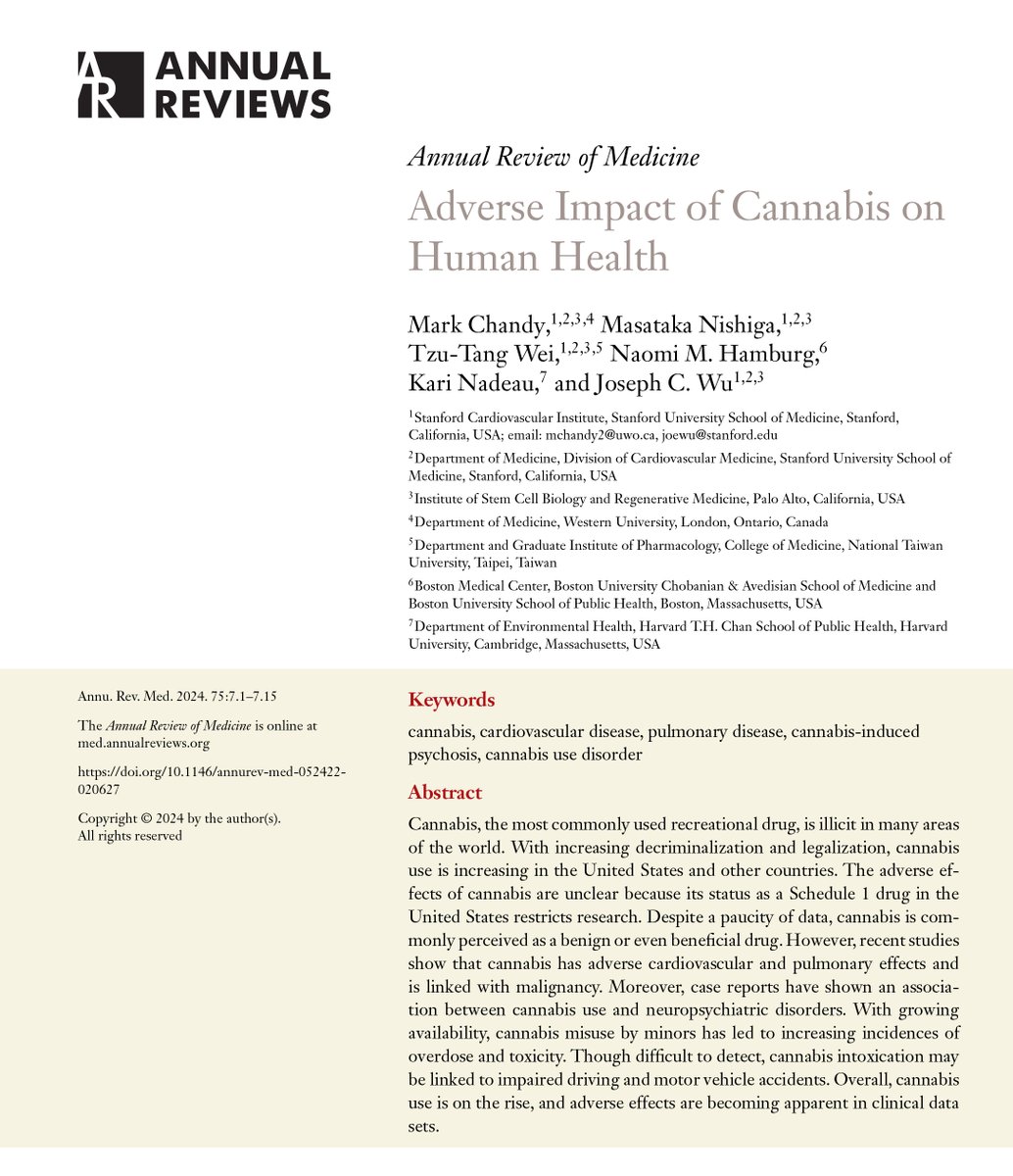 #Cannabis use is rising due to legalization. Our @AnnualReviews discusses its adverse #CVD effects pubmed.ncbi.nlm.nih.gov/37582489/ @mjkchandy @Thomaswei737 @MasaNishiga @NaomiHamburg @Stanford_ChEMH @StanfordCVI @StanfordMed @American_Heart @WesternU @HeartandStroke @vascularbiology