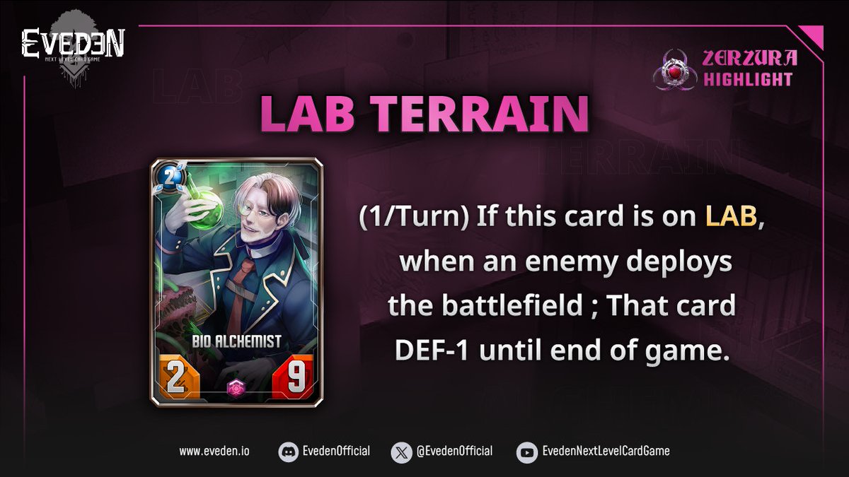 EvedenOfficial's tweet photo. “Lab” is another strategy that makes the player go on the Zerzura deck more effectively. Because every geniuses need the best tools and sometimes those tools can be used as a weapon too. For example, “Bio Alchemist”, is a card that has an ability “(1/Turn) If this card is on〖 LAB 〗, when an enemy deploys the battlefield; That card DEF-1 until end of game.”.
