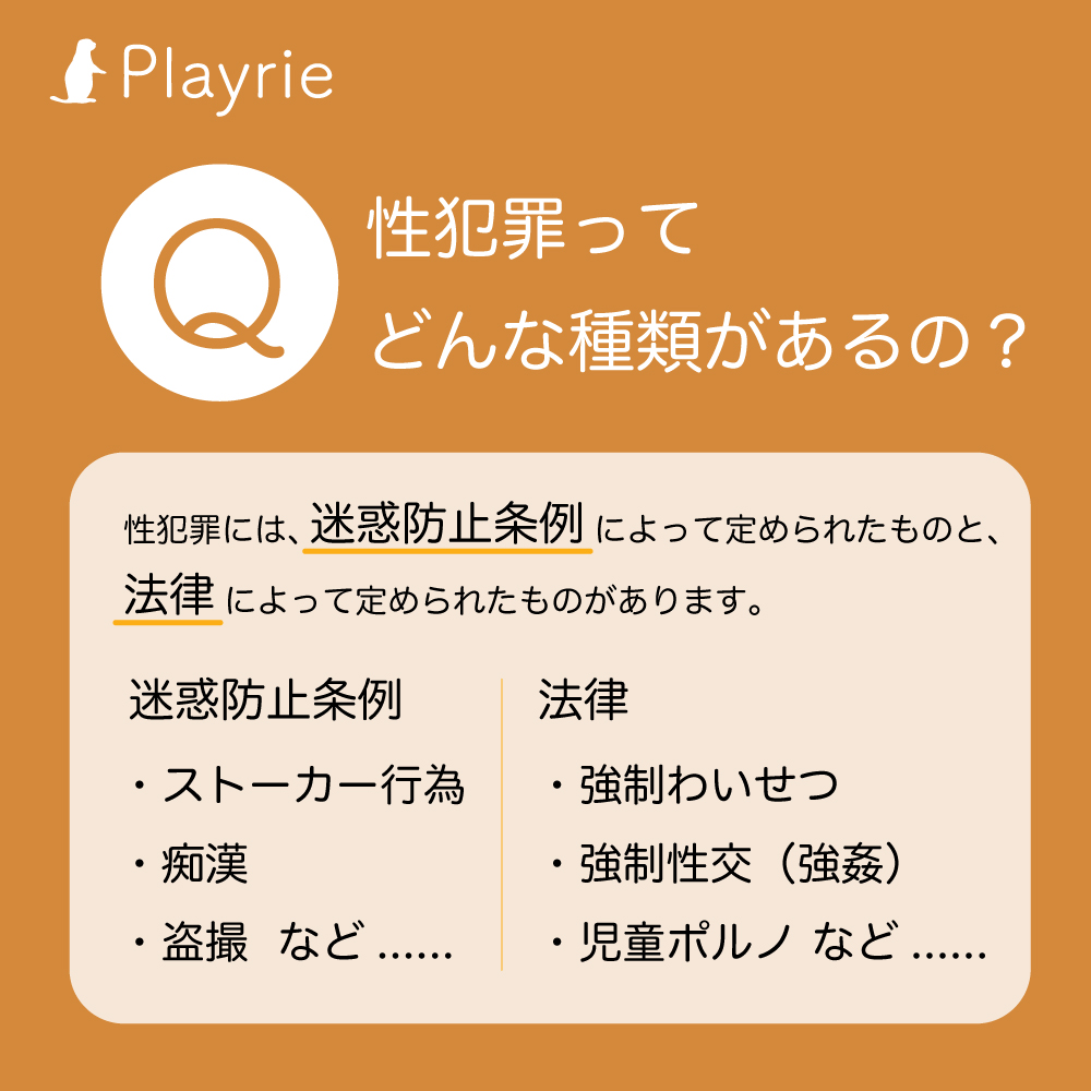 PlayrieInc's tweet photo. 【そもそも #性犯罪 ってなに？】

近年、法改正により話題に上がることの多い「性犯罪」

一概に「性犯罪」といっても、法的にはどんなくくりで定義されているかご存知でしょうか？ https://t.co/beBELmvlxw