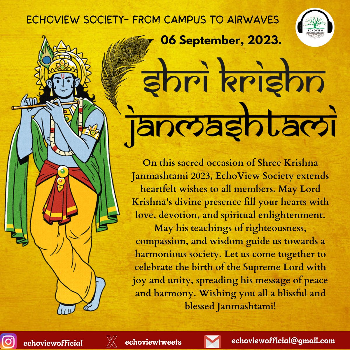 echoviewtweets's tweet photo. As we celebrate today, let us reflect upon the profound teachings of Lord Krishna and strive to incorporate them into our lives. 
May this auspicious occasion fill your hearts with love, joy, and enlightenment. Wishing you a very Happy Janmashtami!
#janmashtami #wish #echoview. https://t.co/NPIUpEuqw8