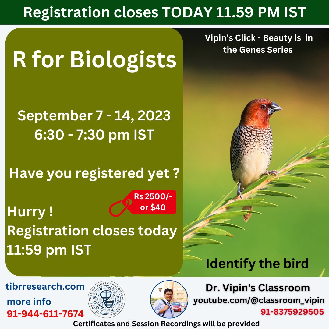 DrNobleKKurian's tweet photo. Does your CV standout ? Add a new skill, enhance your CV
Registration link - https://t.co/lV1Uqpizci
#Bioinformatics #Biology #Biotech #R_for_Biologists #Biologists_must_code #R #Rprogramming #vectors #matrices #dataframe #dplyr #ggplot #shortread #Ttest #GC #loops #automation https://t.co/2A8SaSer08