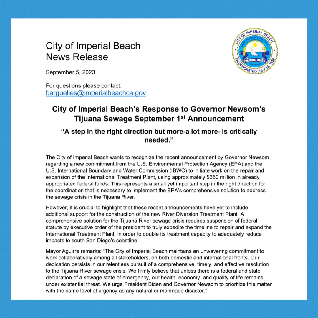 Imperial Beach (@cityofib) on Twitter photo News Release: City of Imperial Beach's response to @ Tijuana Sewage announcement
<a href="/CAgovernor/">Governor Gavin Newsom</a>
#CaliforniaGovernor #TijuanaSewage #EnvironmentalConcerns #PublicHealth News Release: City of Imperial Beach's response to @ Tijuana Sewage announcement
<a href="/CAgovernor/">Governor Gavin Newsom</a>
#CaliforniaGovernor #TijuanaSewage #EnvironmentalConcerns #PublicHealth