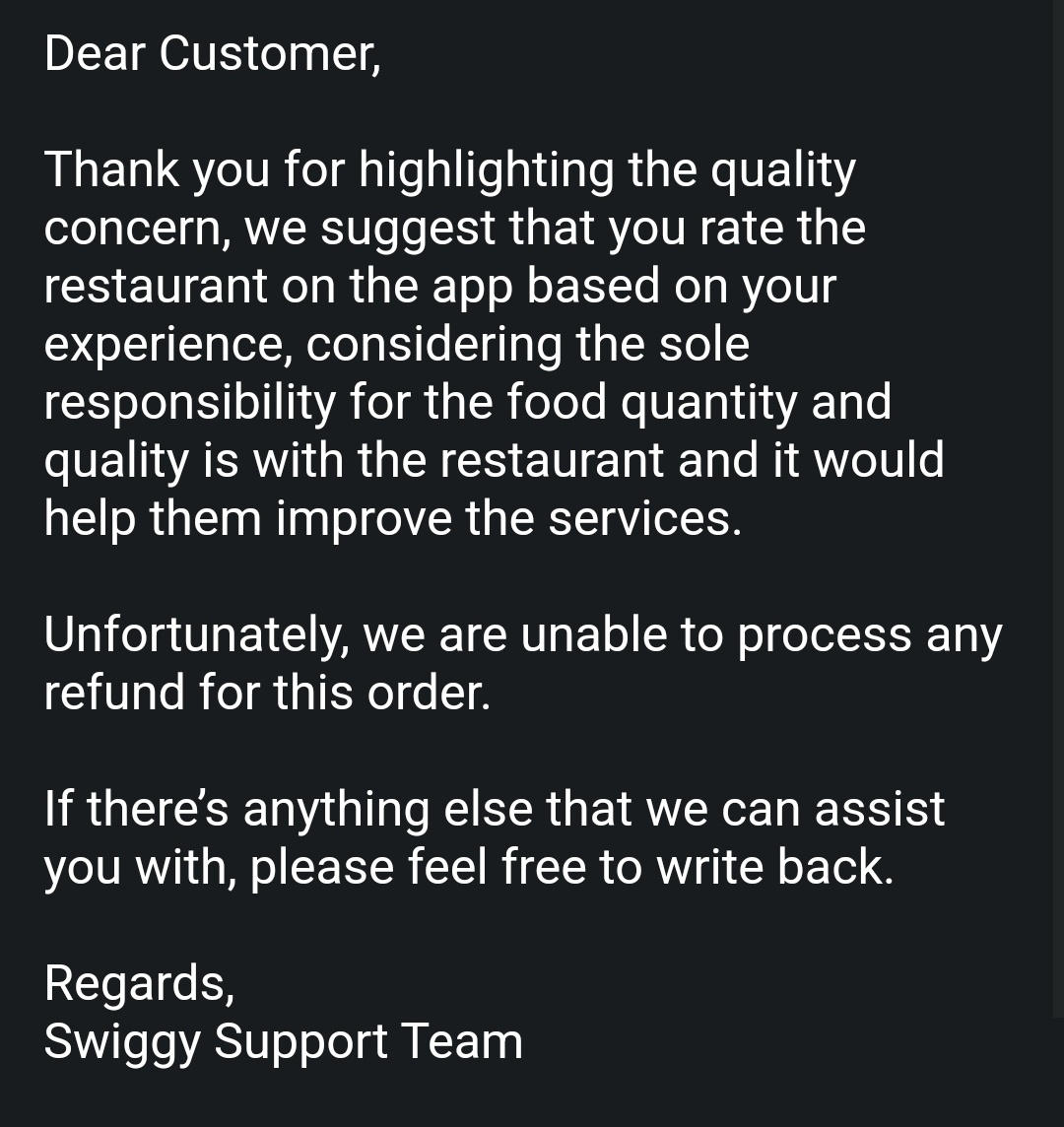 Ayush Agrawal (@ayushkagrawal) on Twitter photo Order food from <a href="/Swiggy/">Swiggy Food</a> and if it has missing food, Swiggy will request you to rate the restaurant because rating the restaurant can help you with the missing food.
I'm talking about missing food, they assumed missing food = quality of food. Order food from <a href="/Swiggy/">Swiggy Food</a> and if it has missing food, Swiggy will request you to rate the restaurant because rating the restaurant can help you with the missing food.
I'm talking about missing food, they assumed missing food = quality of food.