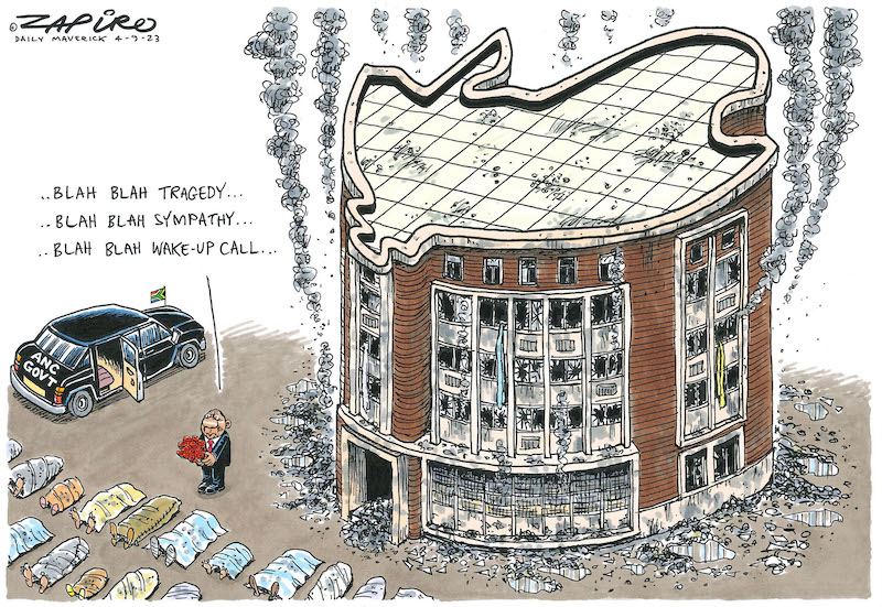 Zapiro cartoon published @dailymaverick (230904dm) on Words Fail @CyrilRamaphosa  @PresidencyZA @JhbTeam @CityofJoburgZA #MarshallTownFire - zapiro.com/230904dm
