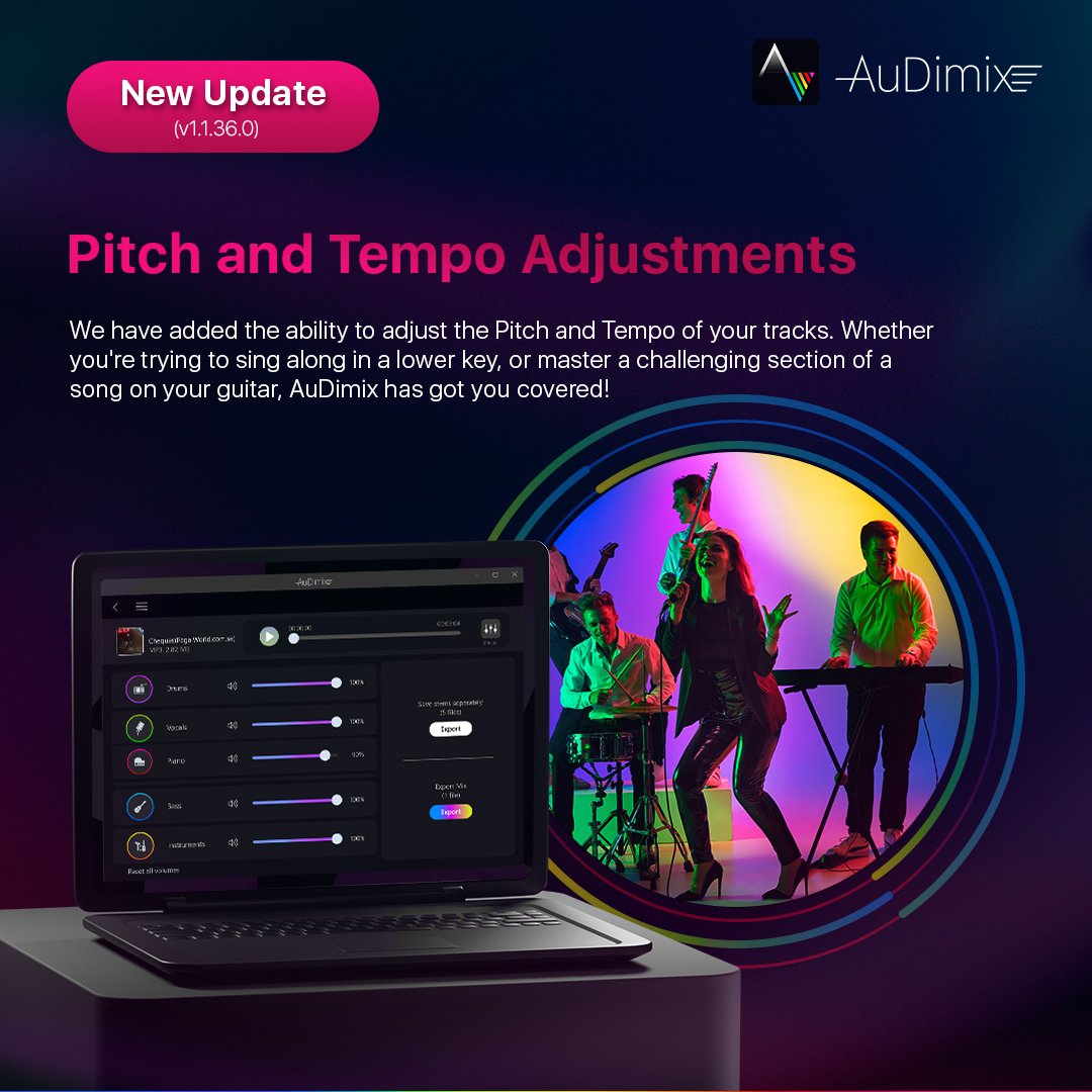Update Alert: AuDimix just got even better. Explore the new features: Precision Pitch Shifting and Effortless Tempo Adjustment. Whether you're looking to sing along in a lower key, or slow down a song to master that guitar solo. Give AuDimix a spin today - bit.ly/AuDimix
