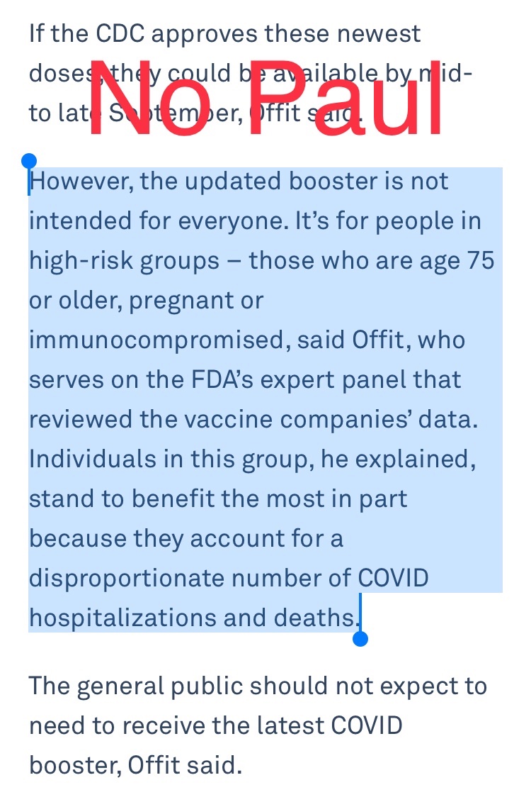 No <a href="/DrPaulOffit/">Paul Offit</a> - everyone should have access to the updated booster. You are lying to the public when you say only some people should get it. You have been against layers of precautions since 2021. What is your deal? <a href="/ChildrensPhila/">Children's Hospital</a>