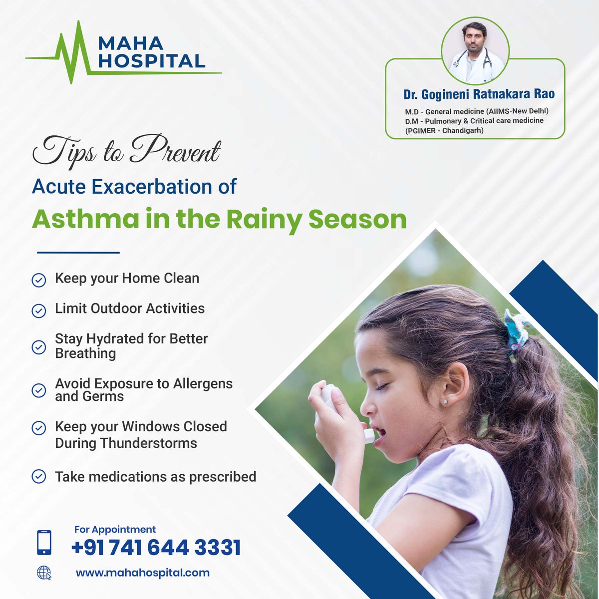 MahaHospital's tweet photo. 🌧️ Rainy days don't have to dampen your spirits or your lungs! ☔ Follow these asthma tips to keep breathing easy. Always take your medications as prescribed. #AsthmaAwareness #RainySeasonTips

Book an appointment now!
🌐: https://t.co/JgCvx1he4g
#Mahahospital #maha_hospital https://t.co/NZ551BxpC4