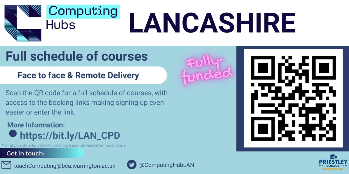 BWF_Comp_Ed's tweet image. 📍Computing CPD schedule for #lancashire schools covering #primarycomputing #secondarycomputing face to face &amp;amp; remote delivery. 

Visit: buff.ly/45U6So5 #Lancashire schools for more info please get in touch on teachcomputing@bca.warrington.ac.uk