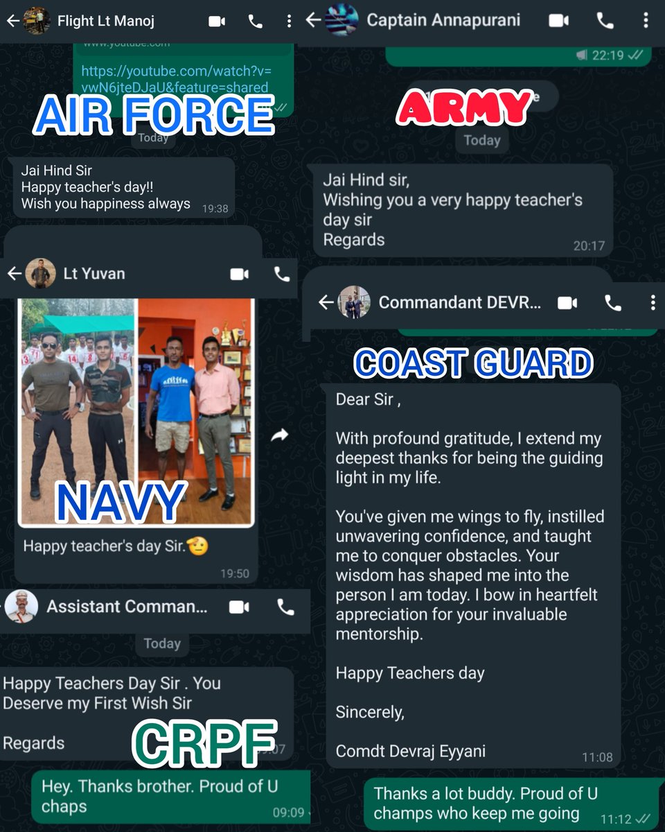 Sharing with you a few selective wishes I received from my  Officers for Teachers Day, one from each service &amp; we have all Services here including Para Military both in Defence and Home Ministry. Blessed to train them. @DrTamilisaiGuv @rajbhavan_tn <a href="/PMOIndia/">PMO India</a> <a href="/anandmahindra/">anand mahindra</a>