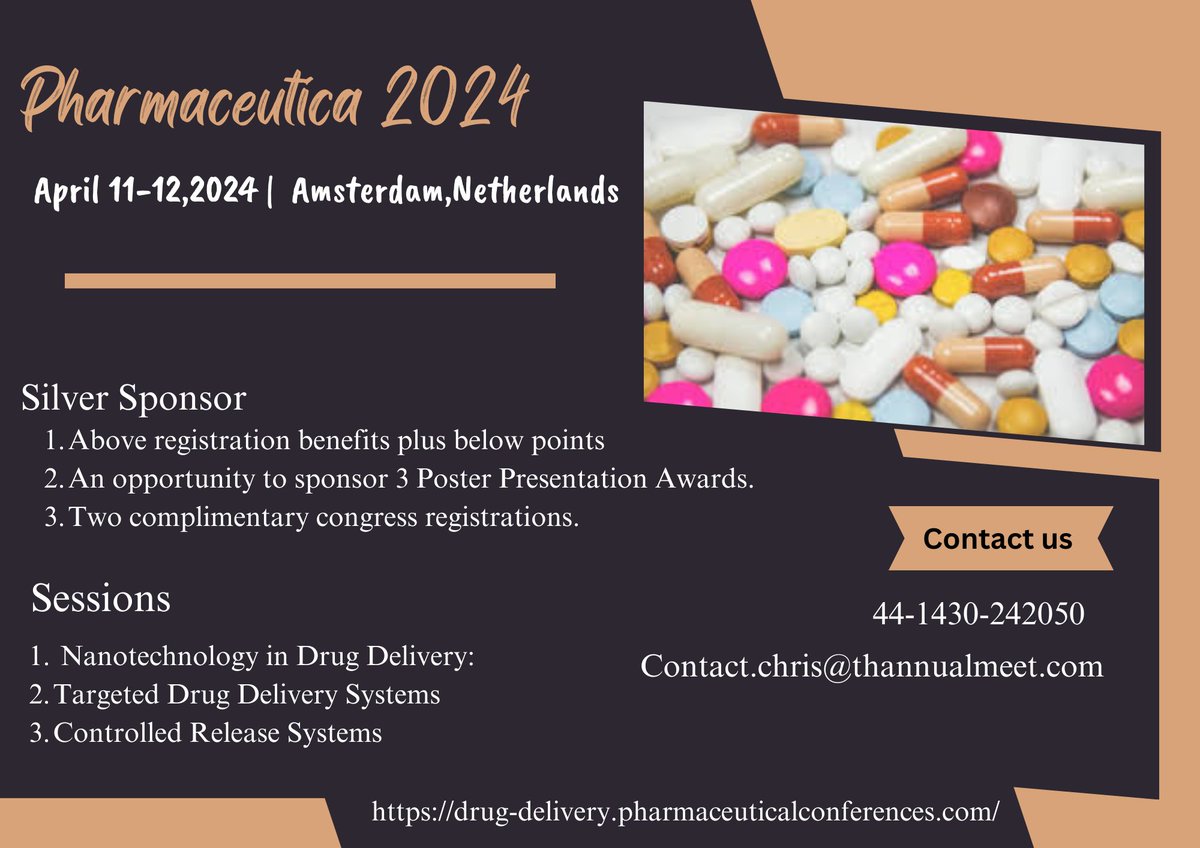 RChambelli's tweet photo. "Calling all participants! . Reserve your spot today!" to attend the 3rd International Conference and Expo on #Pharmaceutics &amp; #Novel_Drug_Delivery Systems scheduled for April 11-12 ,2024 Amsterdam,Netherlands. Contact us  : Contact.chris@theannualmeet.com https://t.co/RMcRr8neCE