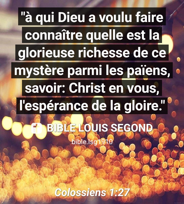 ✝ Colossiens 1:27

"à qui Dieu a voulu faire connaître quelle est la glorieuse richesse de ce mystère parmi les païens, savoir: Christ en vous, l'espérance de la gloire."

Bible Louis Segond
play.google.com/store/apps/det…