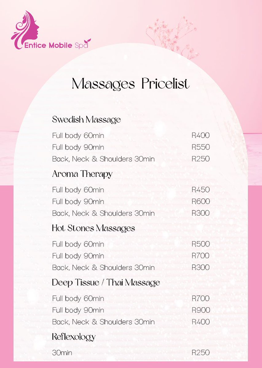 Enticemobilespa's tweet photo. We are based in 60 Rivonia Rd Sandton, we are also MOBILE. Call or WhatsApp 0736059448 for bookings.
TheMommyClub| eGoli Gas| SASSA
Loadshedding| heatwave| Omuhle
Her Majesty| ThisBodyWorksForMe https://t.co/b65k0I1r52
