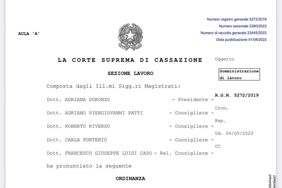 BenincasaGiada's tweet photo. Cass. 23445 1/8/23 - La reiterazione dei contratti di #somministrazione di #lavoro a tempo #determinato presso il medesimo utilizzatore è possibile solo ove ciò riguardi un lasso di tempo che possa essere ragionevolmente qualificato come «#temporaneo». 
https://t.co/WSJx8y0Su0 https://t.co/6lRdue9fdk