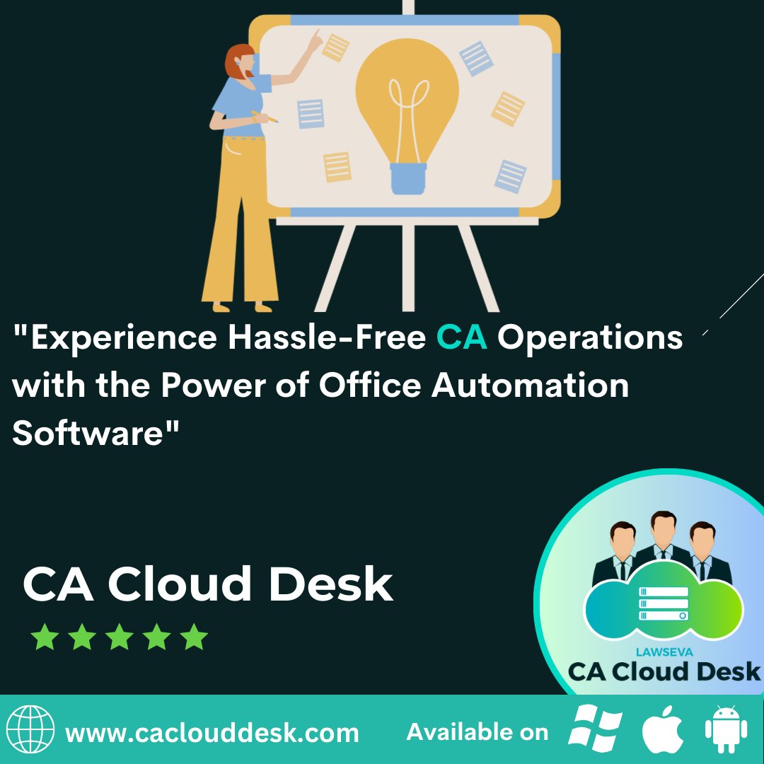'Say goodbye to paperwork chaos and hello to streamlined success! 📑➡️🚀 Experience hassle-free CA operations with the game-changing power of Office Automation Software. #OfficeAutomation #EfficiencyUnleashed'