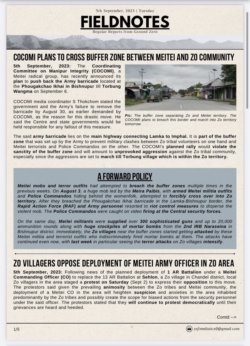 BlissAmbassador's tweet photo. 🔴FIELDNOTES
Regular Reports from Ground Zero

   🟢COCOMI PLANS TO CROSS BUFFER ZONE BETWEEN MEITEI AND ZO COMMUNITY

🟡ZO VILLAGERS OPPOSE DEPLOYMENT OF MEITEI ARMY OFFICER IN ZO AREA

⚫️MEITEI PARAMILITARY BODY THREATENS VIOLENT ACTION

⚪️MANIPUR NAGA MLAS HAVE OPTED TO STAY IN MANIPUR: NAGA CONGRESS LEADER

🔴ALL INDIA TRIBAL FORUM EXPRESSES SUPPORT FOR ZO TRIBALS

🟢EDITORS GUILD OF INDIA CONDEMNS FIR FILED AGAINST IT BY MANIPUR GOVERNMENT

🟡UN HUMAN RIGHTS EXPERTS DECRY VIOLENCE AGAINST ZO
MINORITIES IN MANIPUR

Our demand for separate administration stands strong Ann d resolute. It is the only viable solution to protect our community, preserve our culture, and ensure lasting peace in Manipur. It's time for truth, justice, and a future free from falsehood.
#Kuki_Zo 
#SeparateAdministrationOnlySolution  

@RapporteurUn @MelissaFleming @IndianExpress @thewire_in  @newslaundry @AJEnglish @timesofindia @htTweets  @PTI_News @amnestysasia  @rashtrapatibhvn @LiveLawIndia @barandbench @priyankagandhi  @TribalAffairsIn @narendramodi @UN @UNICEFIndia @UNICEF @unwomenindia @UNHumanRights @INCIndia @min_homeaffairs @easterncomd @TheDeshBhakt @TheQuint @CNN @ashoswai @rwac48 @AJENews @Jairam_Ramesh @afridahussai @ravishndtv @dhruv_rathee   @abhisar_sharma @HansrajMeena