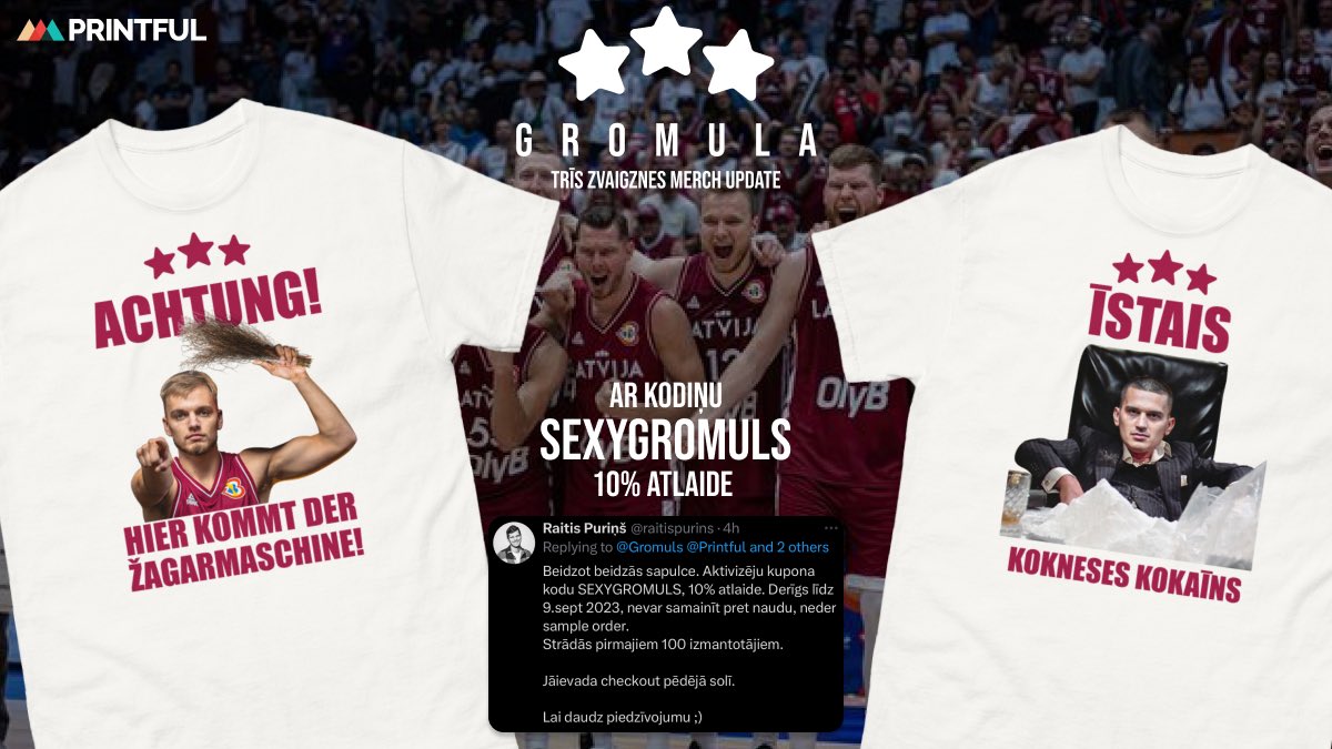 Ja man būtu iespēja ātri te noorganizēt <a href="/Printful/">Printful</a> kreklus, tad šodien arēnā būtu ar šiem! 🫢 būs jāiztiek ar plakātiem 😅, bet jums iespēja dabūt te ar 10% atlaidi! ♥️ gromuls.com/gromila-merch