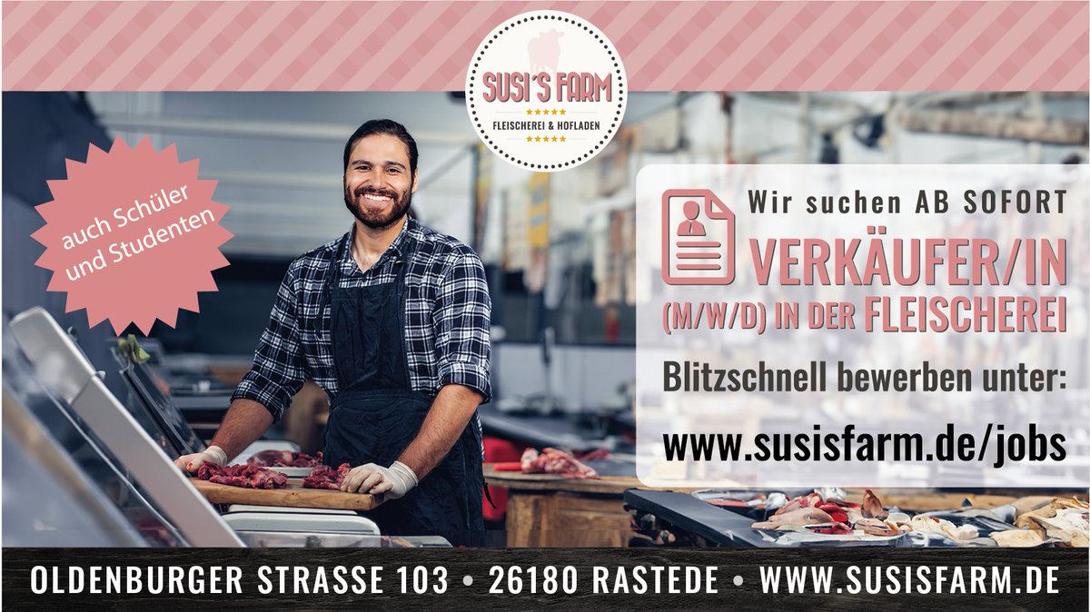 SusisFarm_de's tweet photo. 🥩🛒 Starte deine Karriere als Verkäufer/in (m/w/d) in der Fleischerei bei Susi's Farm! Jetzt bewerben! 🥩🛒

💼 Stellenangebot: Verkäufer/in (m/w/d)
📍 Standort: Rastede
📆 Arbeitszeit: Mini-Job / Midi-Job / Vollzeit
https://t.co/QFk2IduQo3 https://t.co/BS83MeuttG https://t.co/9MkT91OlEy