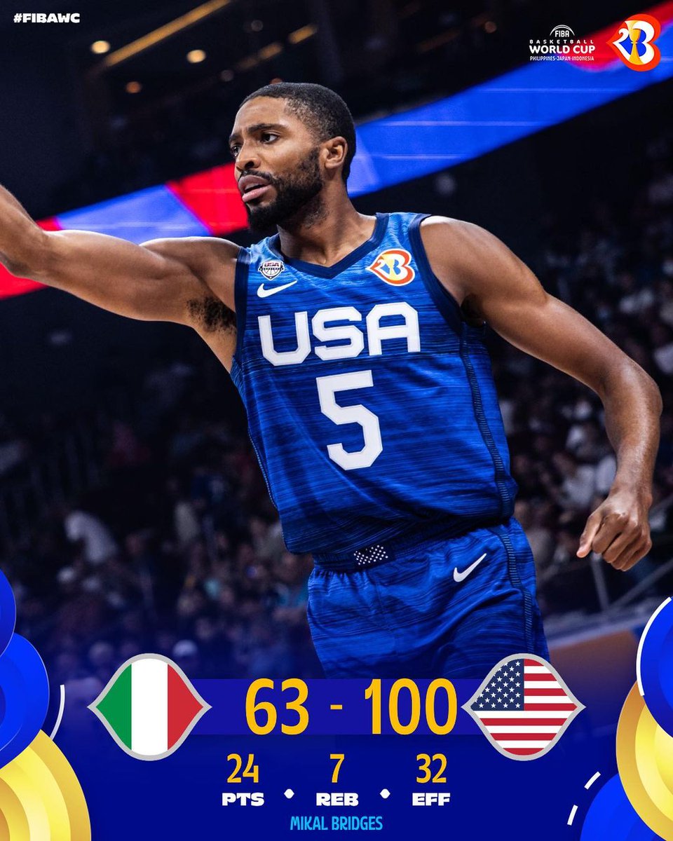 NBA_Indonesia's tweet photo. Team USA memenangkan pertandingan QUARTER-FINAL melawan Italy, aksi heroic dari #TyreseHaliburton #PaoloBanchero, #AustinReaves dan kawan-kawan berhasil membuat selisih score sebanyak 37 Poin.
#USA #Italy #FIBAWC x #WinForAll #NBA #NBAIndonesia #BasketballEvent #BasketIndonesia https://t.co/1mgz1xlb9p
