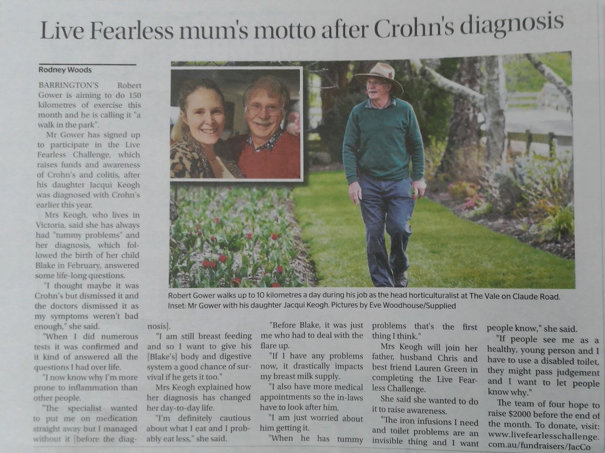 crohnscolitisau's tweet photo. Thank you Robert and Jacqui for sharing your story with @theadvocatetas in today's paper.
Team Jac & Co. are participating in this year's #LiveFearlessChallenge to help raise awareness for these invisible illnesses. 👏 https://t.co/jDKBUOVp1k
