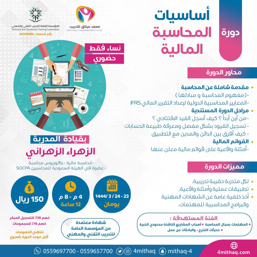Bareeqp's tweet photo. دورة #أساسيات_المحاسبة_المالية #معتمدة 
🎙️الزهراء الزهراني 
📆٢٣-٣-١٤٤٥ه‍ الموافق:٨-١٠-٢٠٢٣م
📍#الطائف
👤#نساء 
🕖٤ - ٨ م
💡يومان
💰١٥٠ ريال فقط 

خصم 10% للتسجيل المبكر / 15% للمجموعات 

للتسجيل:
https://t.co/GxJQ8FbMA9 https://t.co/mGr0Nygc7x