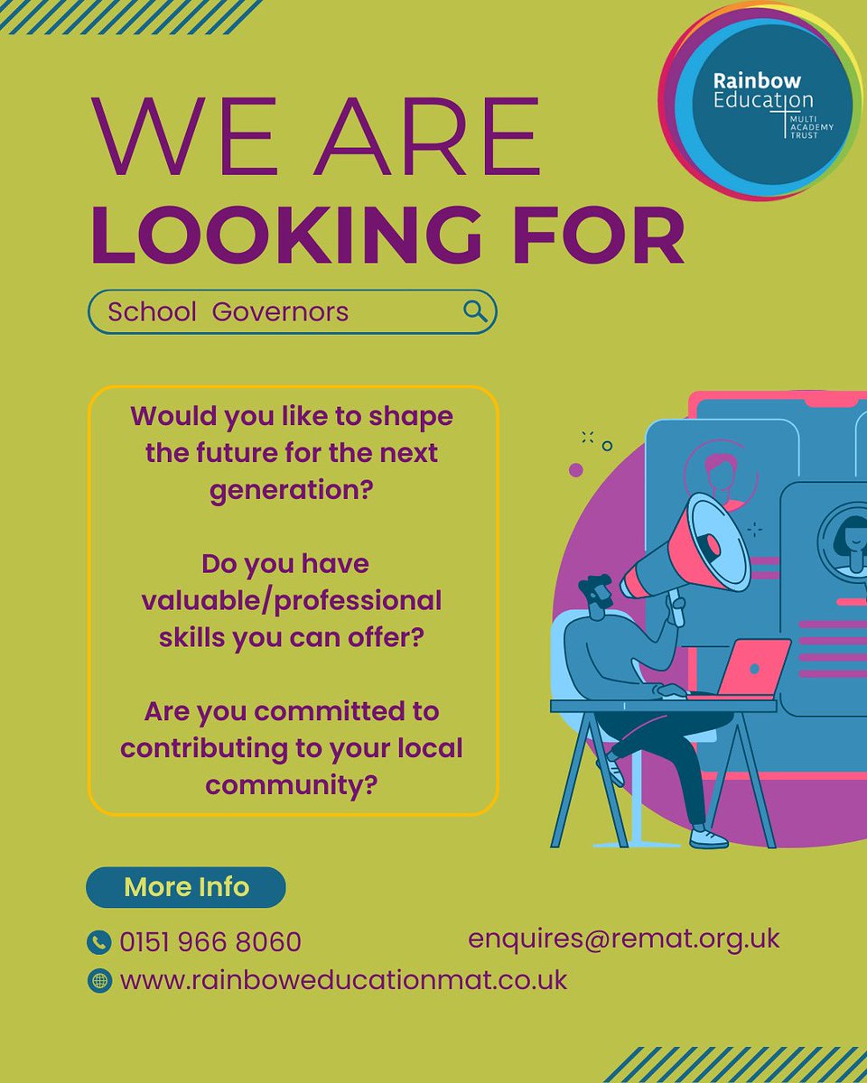 We are looking for new governors in a few of our schools across Merseyside. Full training and support will be provided as well as the fantastic opportunity to make a difference to young people and give back to your local community. Please get in touch for more info! 🌈❤️