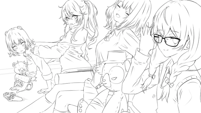 wip線画でけた!
昨日4人まで描けてたのですが、やはりラキストンとラークパッチを追加したくて入れました!良い感じ!
こんな感じでしょうか!
泣いてる六花ちゃんとラキストンがお気に入り🤣 
