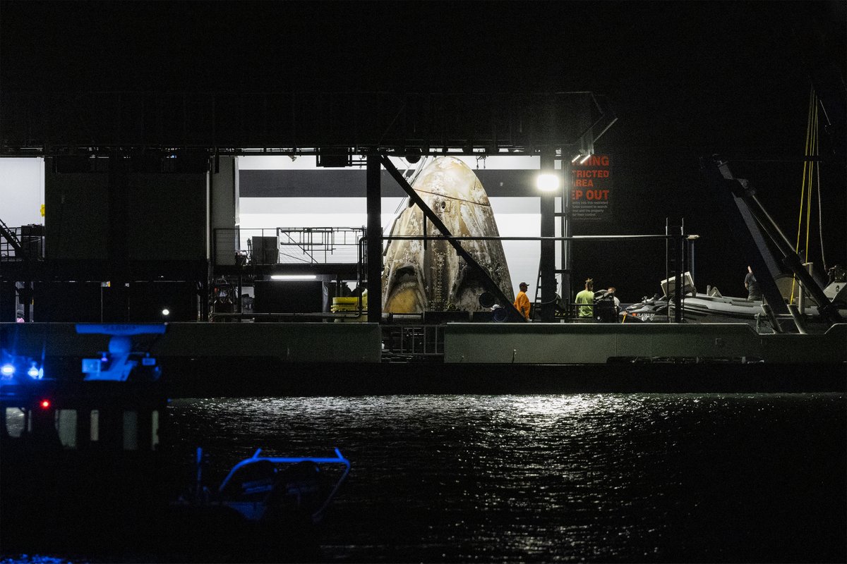 Nice to finally see Megan, #SpaceX's Dragon recovery vessel, arrive at Port Canaveral to unload after a safe and successful reentry of #NASA's #Crew6. 🚀
