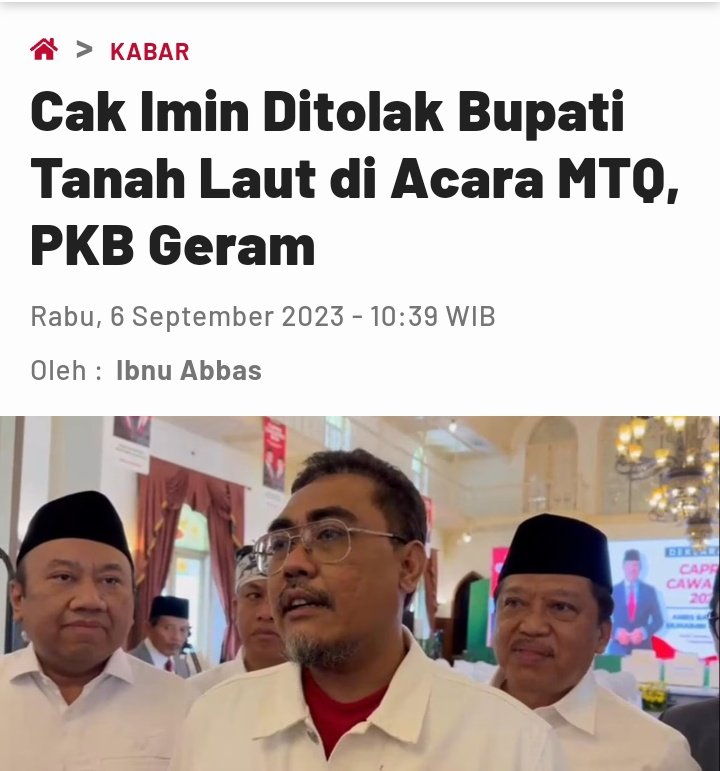Tuhkan udah mulai ada penolakan, hehehe

Ketum PKB, Muhaimin Iskandar ditolak kedatangannya di Tanah Laut, Kalsel dalam acara Musabaqah Tilawatil Quran Internasional yang diselenggarakan oleh Jamiyatul Qurra Wal Huffadz Nahdlatul Ulama (JQHNU)