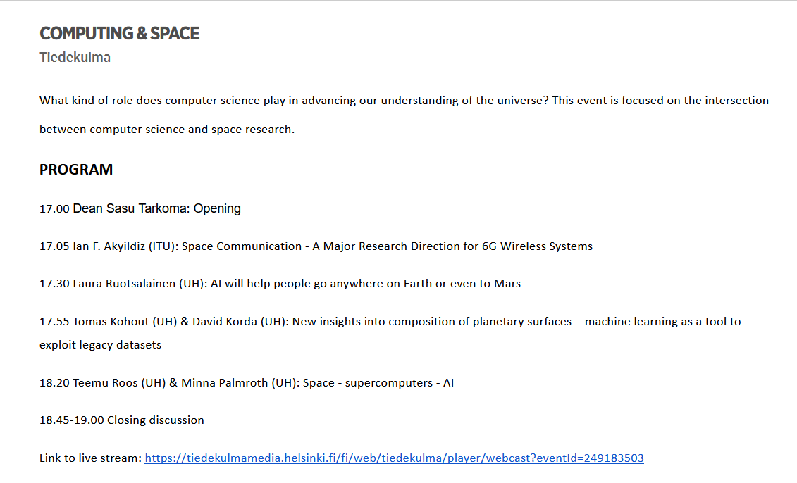 #minätutkin Computing &amp; Space esitelmä on tänään klo 17 <a href="/tiedekulma/">Tiedekulma</a>
. Tervetuloa! helsinginyliopisto.etapahtuma.fi/Kalenteri/Engl… <a href="/GeoHelsinkiUni/">Geosciences and Geography, University of Helsinki</a>
 <a href="/geo_hel/">GeoHel</a>