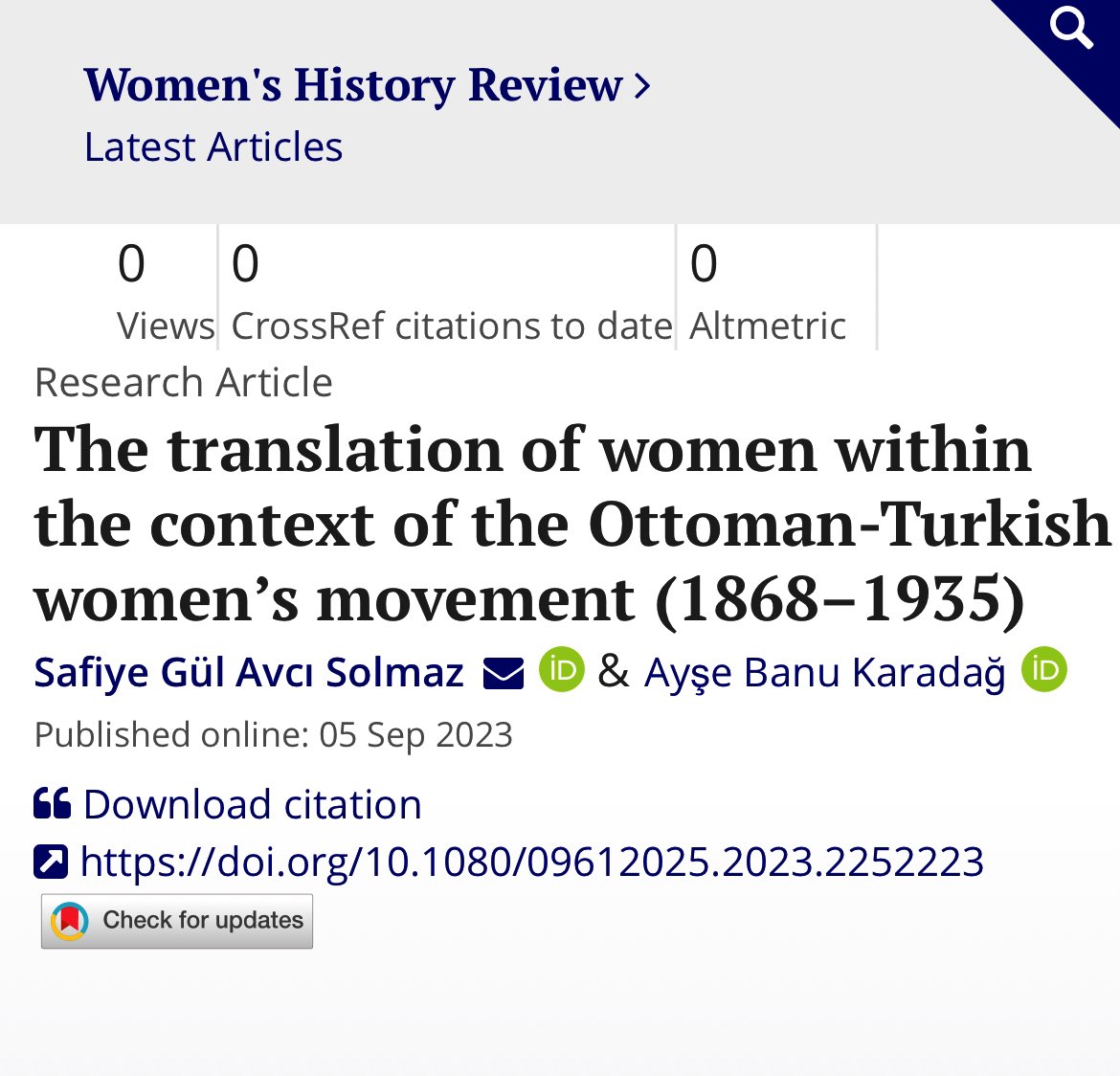 Büyük onur🙏💫! Sevgili doktorantım 🌟Safiye Gül’ün 🌟 doktora tezinden ürettiğimiz makalemiz “Women's History Review” adlı dergide (AHCI-Q1🥇) yayınlandı✨🧿🎉: tandfonline.com/doi/full/10.10…. #EğitimdeLiderYTÜ  <a href="/proftameryilmaz/">Tamer Yılmaz</a> <a href="/profdrsalimyuce/">Salim YÜCE</a> @AvcSolmaz98766 <a href="/YTUSBE/">YTÜ Sosyal Bilimler Enstitüsü</a> <a href="/ytubde/">YTÜ Batı Dilleri ve Edebiyatları Bölümü</a>