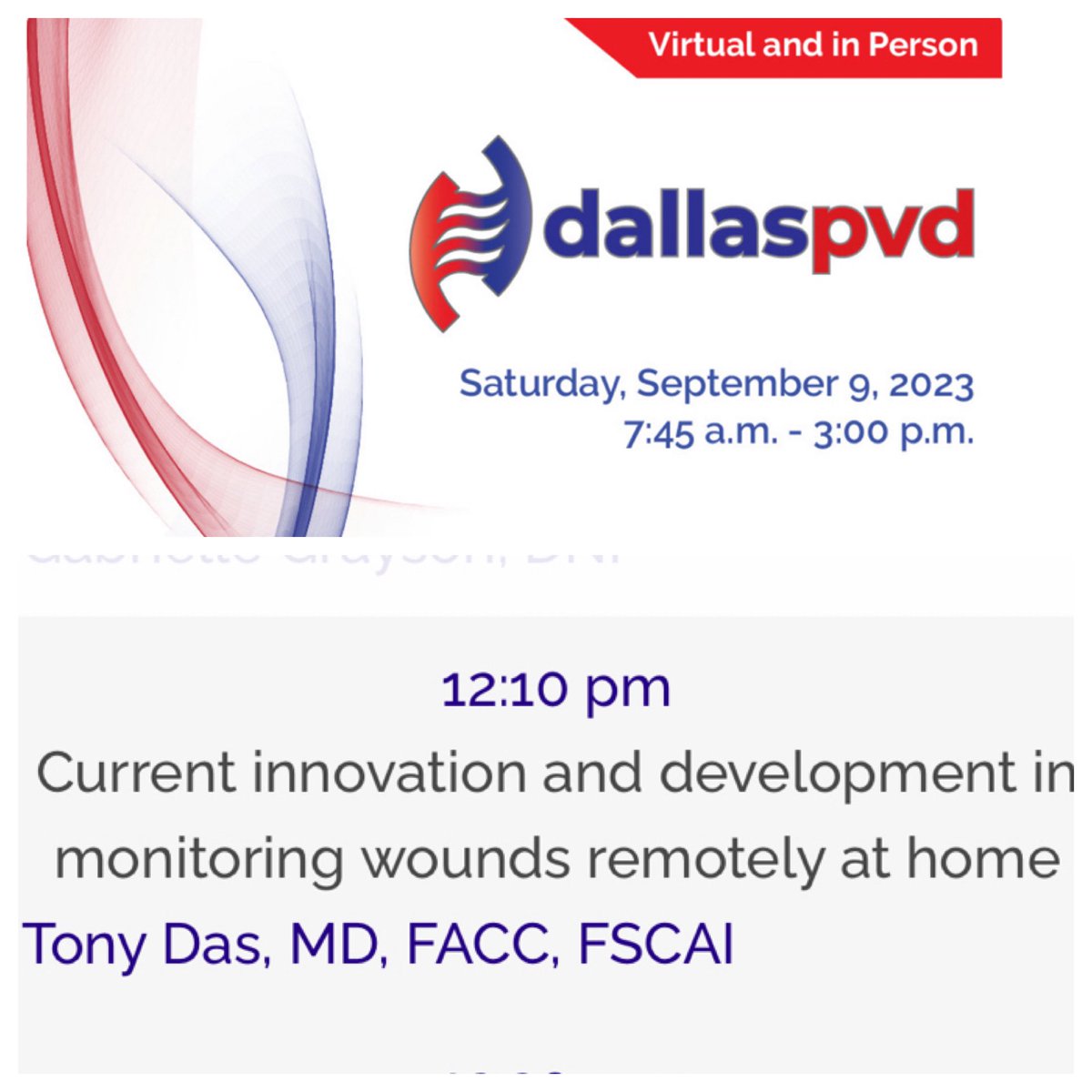 DallasPVD is quickly approaching this weekend on Sept 9! Come hear <a href="/TonyDasMD/">Tony Das</a> discuss the current innovation and development in monitoring wounds remotely at home! #PADawareness Register at thefacet.org/conferences/de… <a href="/Samsayfo/">Sameh Sayfo, MD, MBA, FSCAI, FACC</a> <a href="/ChadiDib/">Chadi Dib</a>