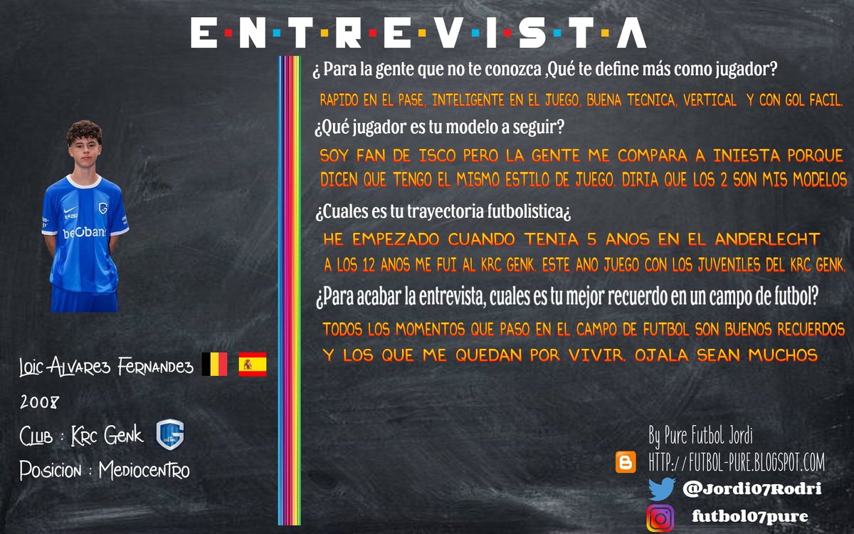 📰 Entrevista del dia Loic Fernandez Alvarez ( Krc Genk ) : ➡️ Es un jugador belga / espanol que juega con las inferiores de Belgica, es un mediocentro de talento associativo. Merci Loic 🇧🇪 🤝