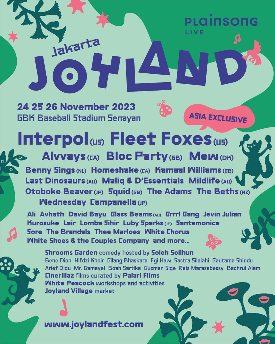 joylandfest's tweet photo. Our newest lineup for #JoylandFestJKT is here! Get ready for an exciting November with these major additions:
The Indie kings, #FleetFoxes (exclusive ASIA performance!)
Danish alt-rock extraordinaires @mew 
British gems @kamaalwilliams and @squidbanduk https://t.co/0J6yv1sKKf