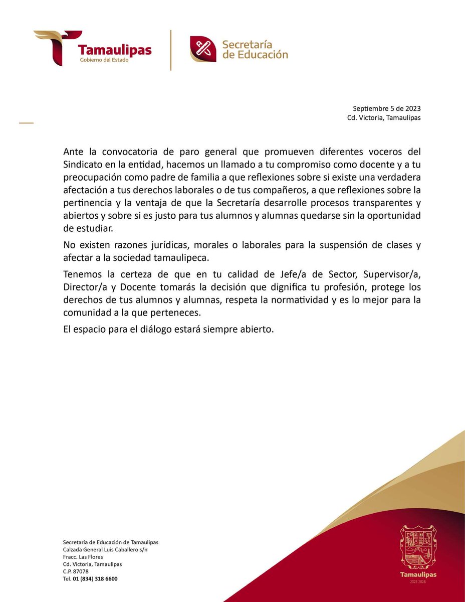 EDUCATAM's tweet photo. Comunicado de la Secretaría de Educación de Tamaulipas https://t.co/MA0ZxwS0C5