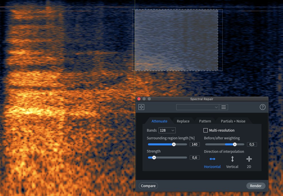 gastibarroule's tweet photo. A great way to softly remove rustle or unwanted noises from dialogue is with spectral repair set in the lowest bands and horizontally choose a little of the previous wanted sound. It very smartly shapes whats being removed into a slow fade to silence.
#dialogueedit #filmsound https://t.co/4MuU7bYblf