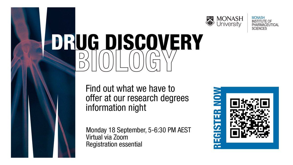 Interested in doing a Honours or PhD with us? In Drug Discovery Biology we work like detectives to identify and uncover how drugs work. Find out more at our Honours and graduate research information
night! 5:00-6:30pm, AEST, 18th September 2023 

 Register forms.gle/GXpsgPYfj69JCU…