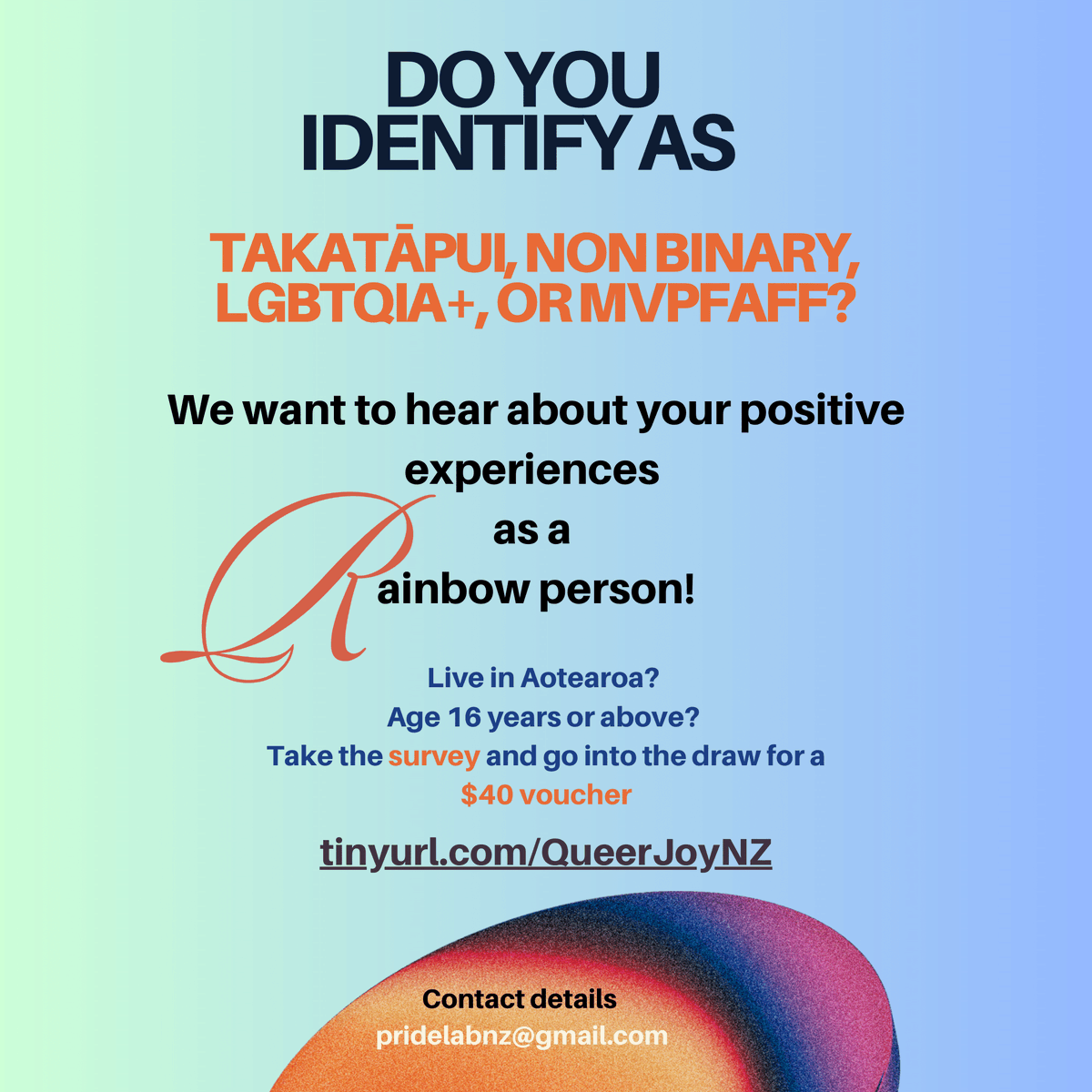 manalagiproject's tweet photo. Massey University is launching a new online survey to gain insights into joy and positive experiences in the Rainbow/LGBTQIA+ communities in Aotearoa 🌈✨ If you are 16 years old or older and currently reside in Aotearoa, come participate in the survey! https://t.co/6DoJ808bgh