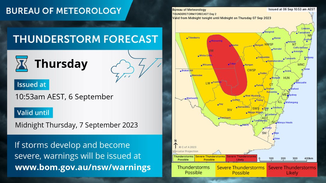 🌩️Thunderstorm forecast Thurs 7 Sept: Gusty thunderstorms expected across inland #NSW, spreading east during the afternoon/evening. Warnings may be issued. Prepare by tidying up loose items around your home &amp; yard.
Monitor conditions at bom.gov.au/nsw/forecasts/…