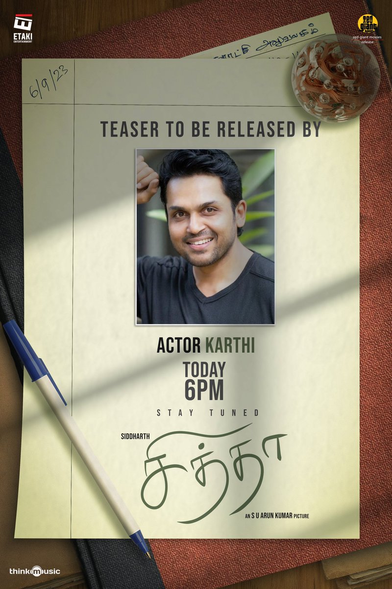 Etaki_Official's tweet photo. Get ready for the emotional teaser of #Chithha - to be released by @Karthi_Offl today evening at 6PM!
#Siddharth @NimishaSajayan @Etaki_Official #SUArunkumar @dhibuofficial @balaji_dop137 @RedGiantMovies_ @thinkmusicindia @DoneChannel1 @winanoath  
 #ChiththaFromSep28 https://t.co/iNnkW4JEUK
