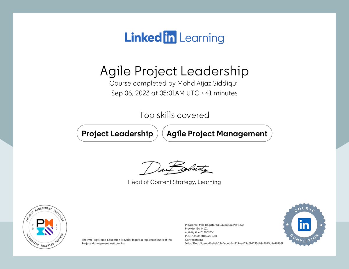 Just finished the 𝗔𝗴𝗶𝗹𝗲 𝗣𝗿𝗼𝗷𝗲𝗰𝘁 𝗟𝗲𝗮𝗱𝗲𝗿𝘀𝗵𝗶𝗽 course on LinkedIn Learning by PMI! 🎓

Super stoked to apply these agile principles to my research work. A must for anyone looking to lead projects like a pro! 🚀 

#AgileLeadership #AlwaysLearning