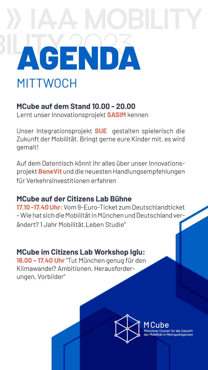 MCubeMUC's tweet photo. Tag 2 MCube @ @IAAmobility - unsere Perspektive auf die Mobilität der Zukunft.
Highlights: 
17h Podium #9EURTicket >> #Deutschlandticket Wie ändert sich das Mobilitätsverhalten in 🇩🇪?
16h Workshop "Tut München genug für den Klimawandel?"
Und so vieles mehr. Auf dem Marienplatz, https://t.co/aD9eAONlBc