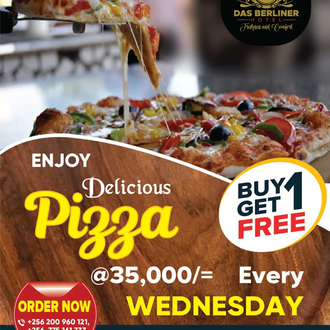 das_berliner's tweet image. Hello Pizza lovers, are you ready for today&apos;s pizza special? It&apos;s the day for celebrating Berliner&apos;s yummy and crispy pizza. Pay for one and we shall give you two. It&apos;s a double double bonanza. 

Reservations call : +256 200 960 121

#berlinerhotel #pizzawednesday