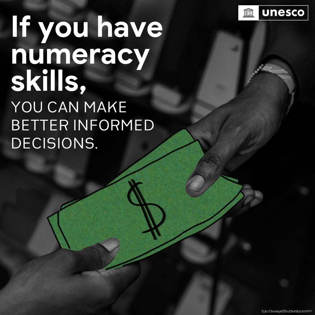 Imagine if you couldn’t count the change you were given in a shop.

Numeracy skills go beyond using a calculator. It empowers you to make smarter choices.

Join us in celebrating #LiteracyDay on 8 September.

unesco.org/en/days/litera…