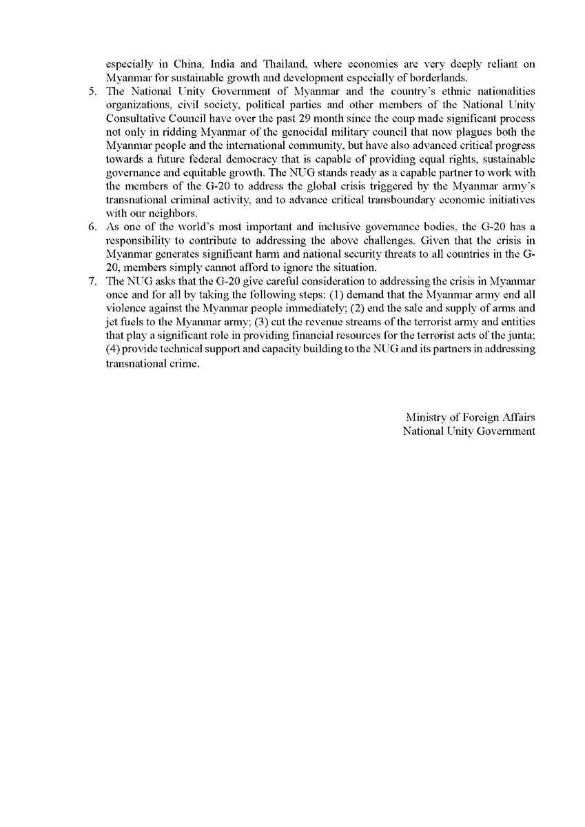 Statement of the National Unity Government of Myanmar on the G-20 Summit

Republic of the Union of Myanmar 
National Unity Government 
Ministry of Foreign Affairs 
Statement (17/ 2023) 
6 September 2023
#NationalUnityGovernment
#WhatsHappeningInMyanmar