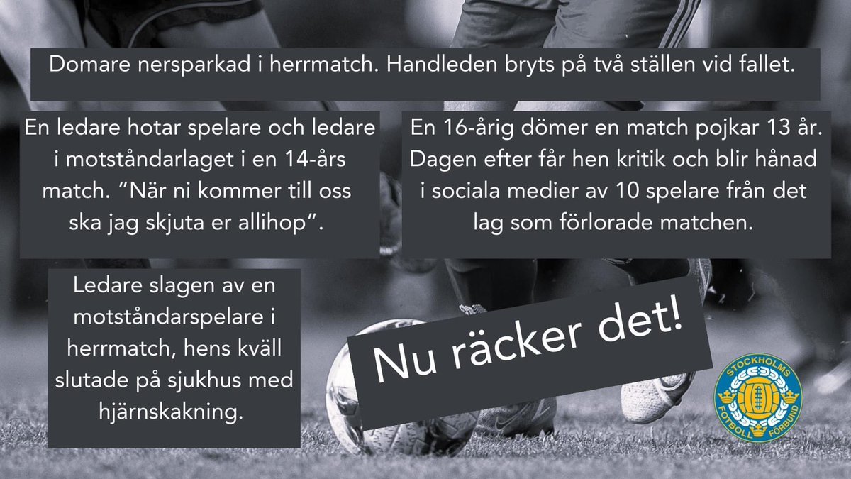 Nu räcker det‼️

Bara under den gångna helgen utfärdades 34 grova utvisningar varav fem i seniormatcherna och 29 i ungdomsmatcherna. Av dessa 29 var 20 i åldrarna 13-14 år. 13-åringarna sticker ut – det är första året med resultat och tabell för dem. 

stff.se/nurackerdet