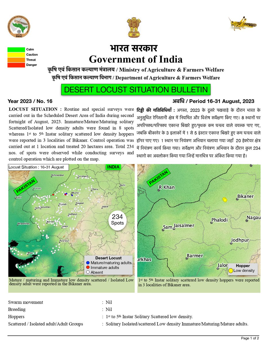 LocustIndia's tweet photo. Desert Locust Situation Bulletin for the period of 2nd fortnight of August, 2023 https://t.co/lGkVMKbfyV