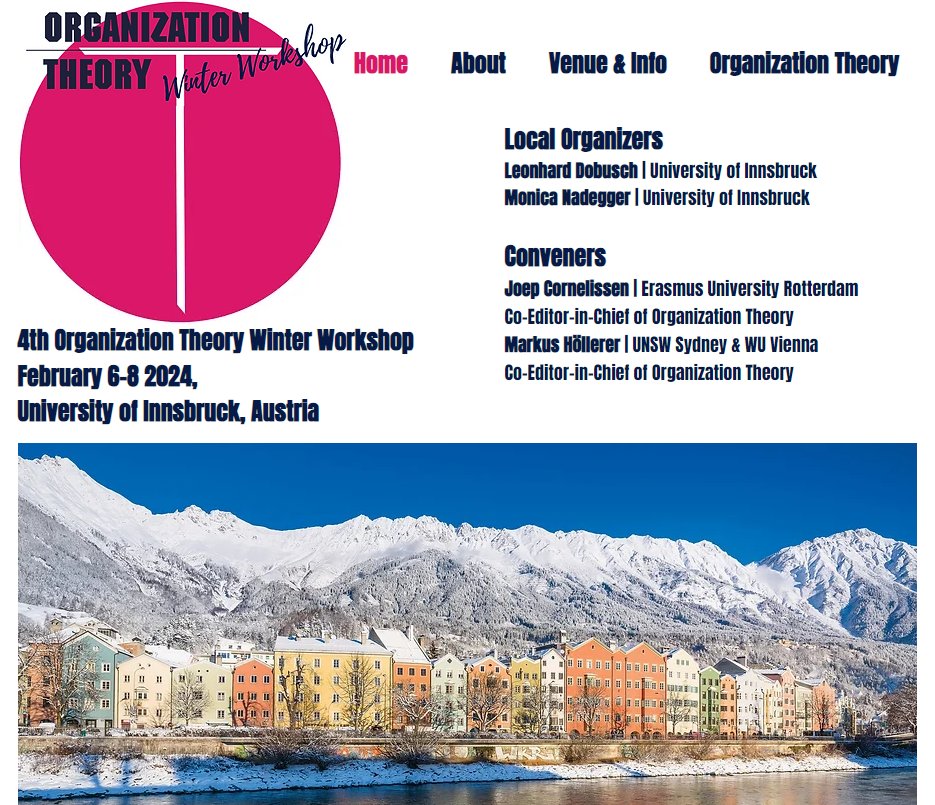 Exciting News! 🙌We will host the 4th Organization Theory Winter Workshop (Feb 6-8, 2024) at the @uniinnsbruck. Bring your boldest theorizing (and your skiing gear 🙃). More info here: osofficer.wixsite.com/otworkshop @OrgTheoryJrnl