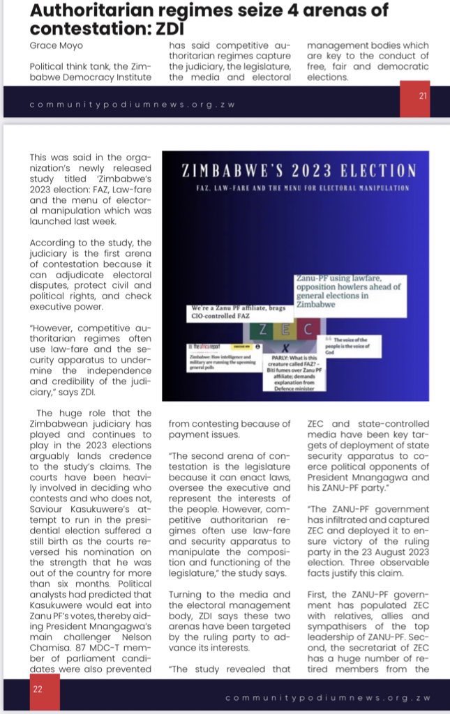 Good morning #Zimbabwe. 

Political think tank, the Zimbabwe Democracy Institute <a href="/zditrust/">ZDI</a> has said competitive authoritarian regimes capture the judiciary, the legislature,
the media and electoral which are key to the conduct of free, fair and democratic elections.

Read more